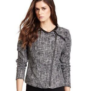 Love Stitch Tweed Blazer Size Large Faux Leather Black White Zip Front New